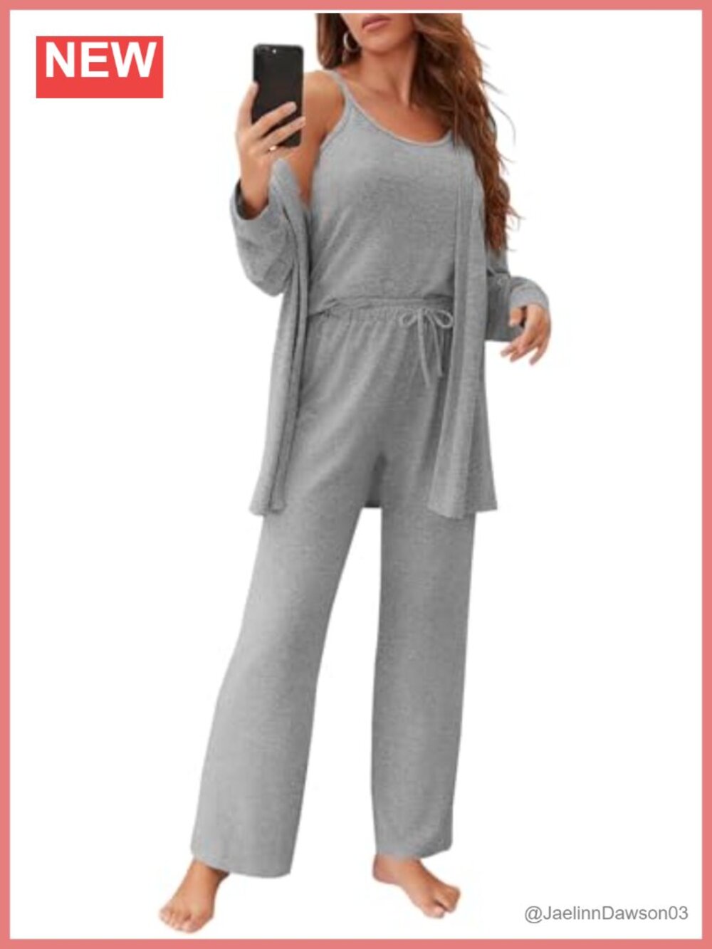 Womens 3 Piece Pajama Set Cami Tank Wide Leg Pants Cardigan Loungewear